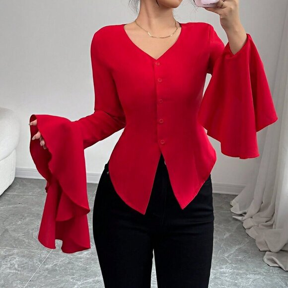 Tops - Red Casual Women's V-Neck Exaggerated Flared Sleeve Blouse
